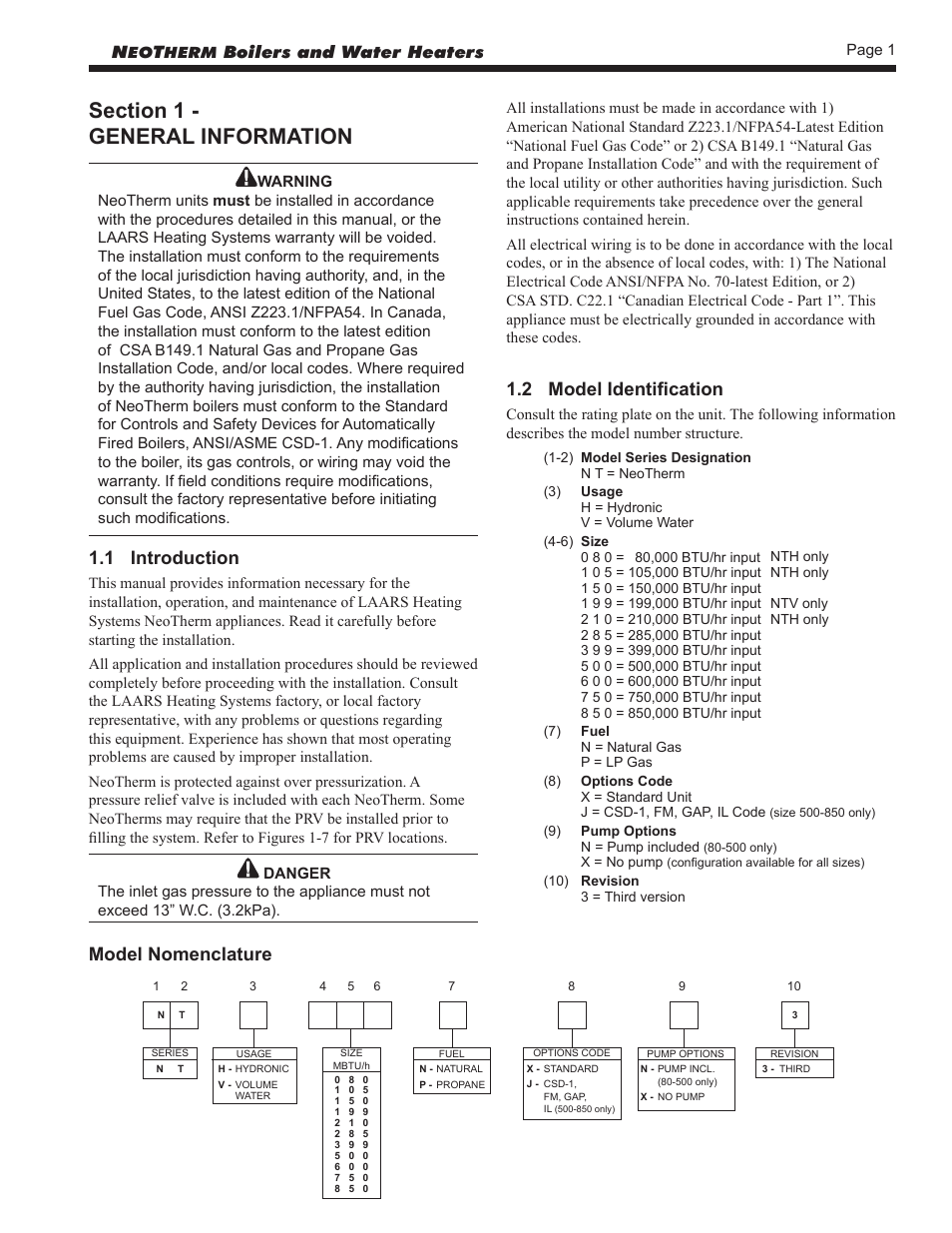 1 - general information, 1 introduction, 2 model identification | Model nomenclature, Boilers and water heaters | LAARS NeoTherm NTV (Sizes 150–850 MBTU/h) - Install and Operating Manual User Manual | Page 5 / 92