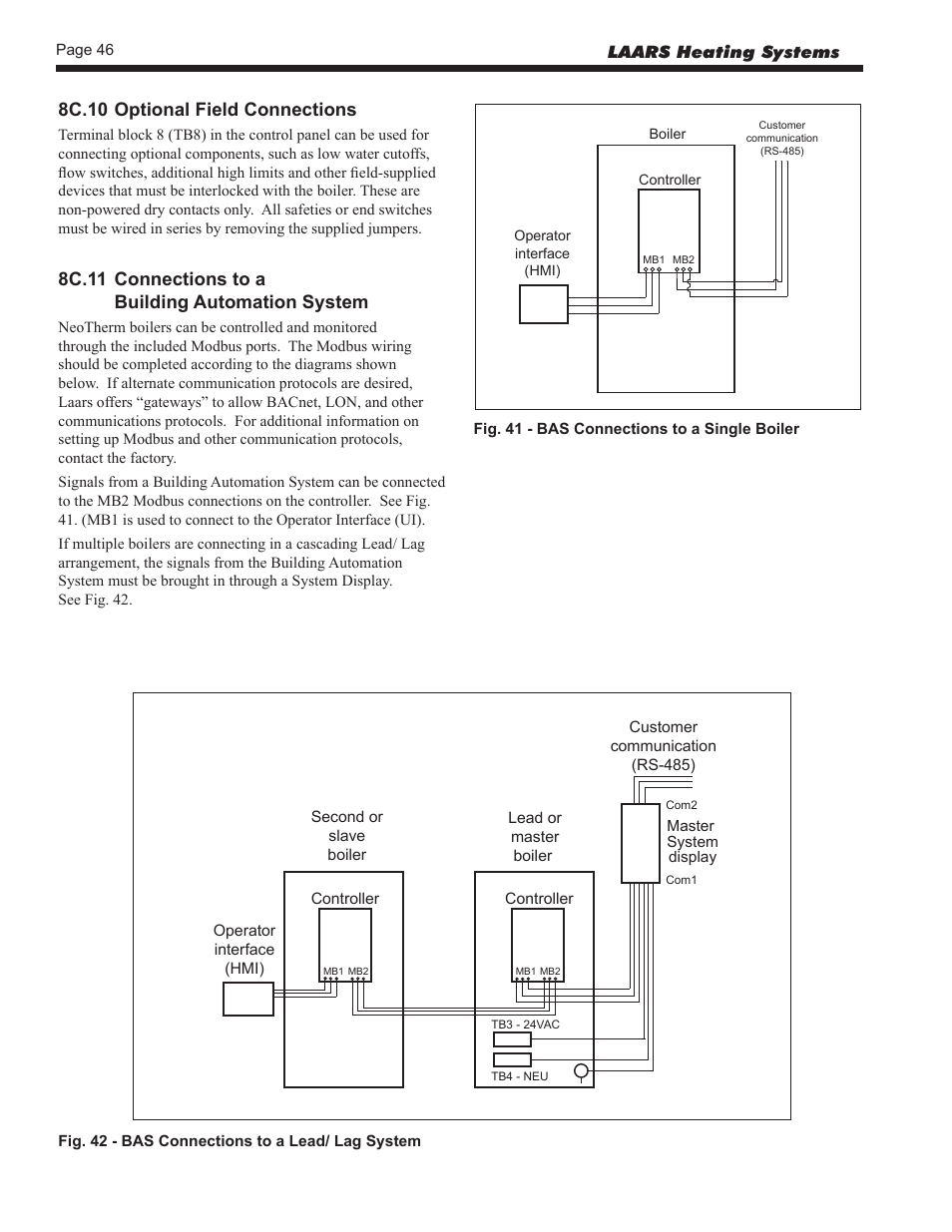 8c.10 optional field connections, 8c.11 connections to abuilding automation system, 8c.11 connections to a building automation system | LAARS NeoTherm NTV (Sizes 150–850 MBTU/h) - Install and Operating Manual User Manual | Page 50 / 92