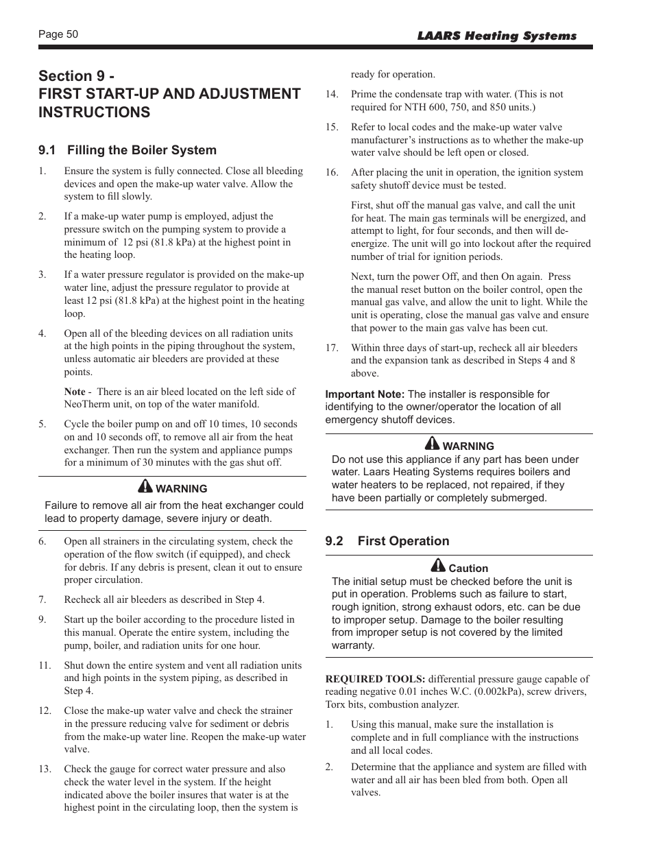 9 - first start-up and adjustment instructions, 1 filling the boiler system, 2 first operation | LAARS NeoTherm NTV (Sizes 150–850 MBTU/h) - Install and Operating Manual User Manual | Page 54 / 92