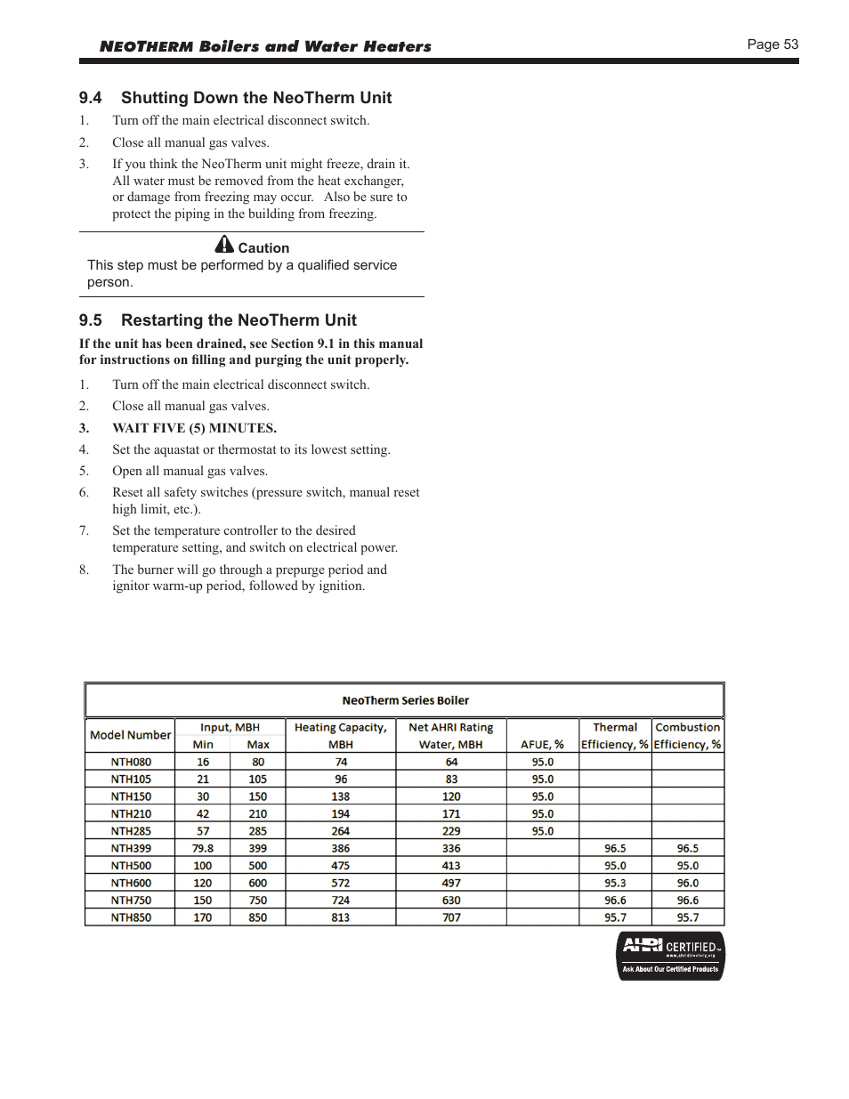 4 shutting down the neotherm unit, 5 restarting the neotherm unit | LAARS NeoTherm NTV (Sizes 150–850 MBTU/h) - Install and Operating Manual User Manual | Page 57 / 92