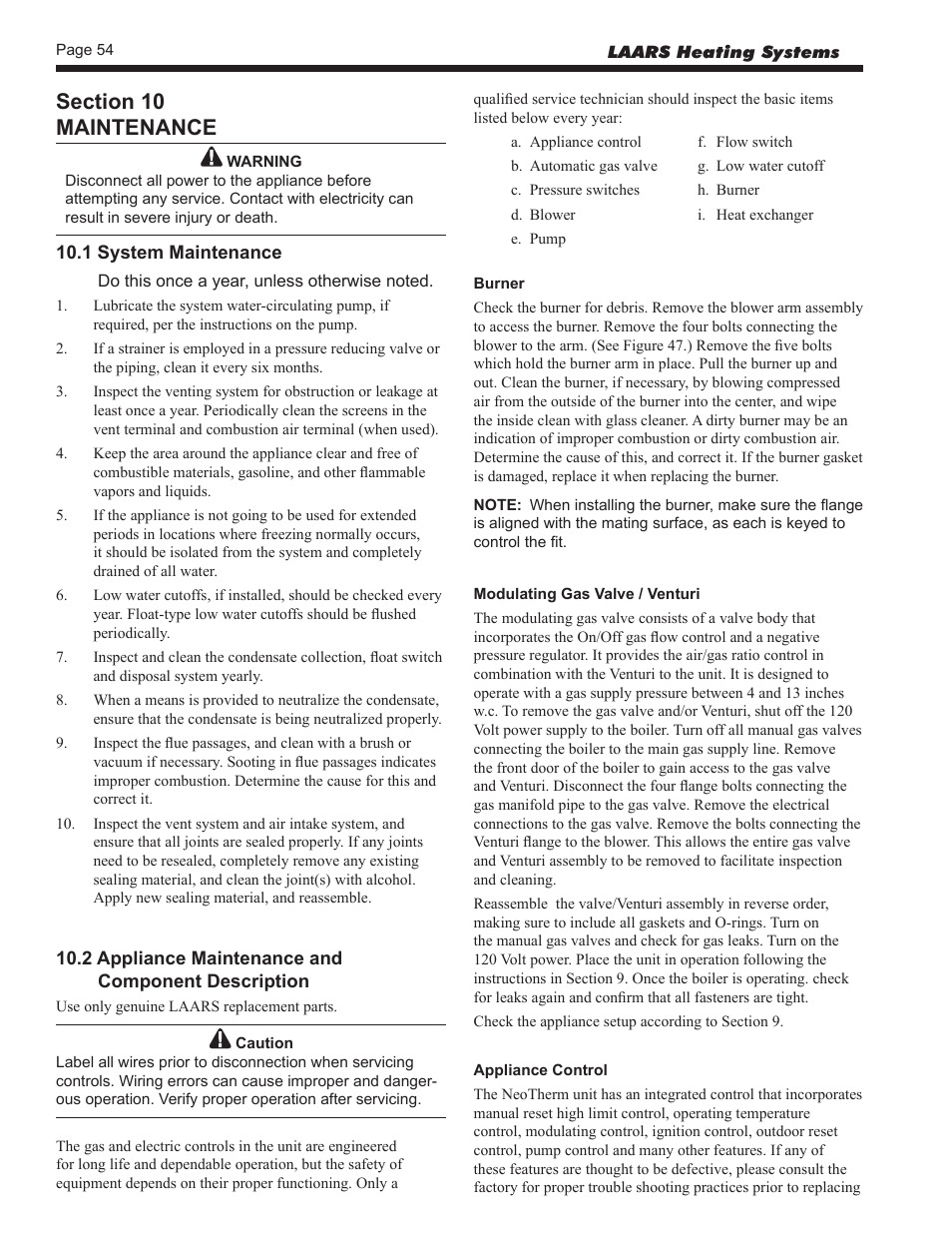 10 - maintenance, 1 system maintenance, 2 appliance maintenance andcomponent description | LAARS NeoTherm NTV (Sizes 150–850 MBTU/h) - Install and Operating Manual User Manual | Page 58 / 92