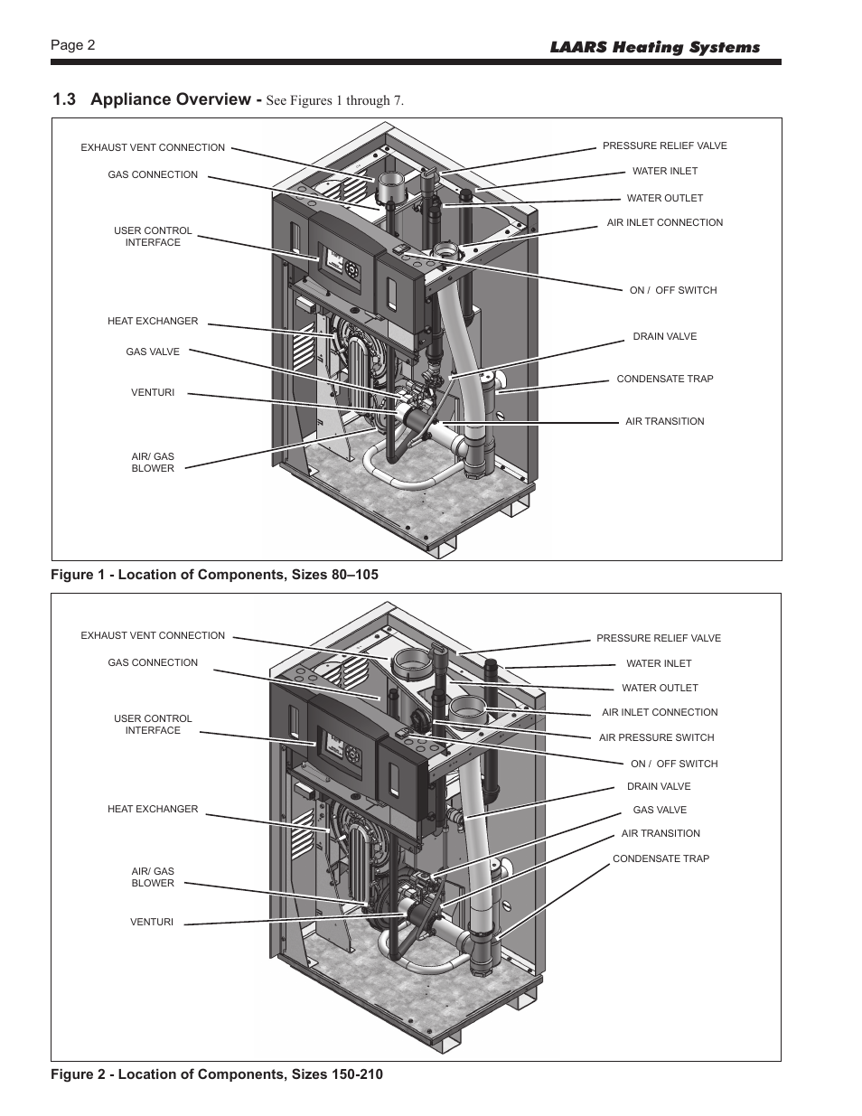 3 appliance overview, sizes 80 thru 210, 3 appliance overview, Laars heating systems | Page 2, See figures 1 through 7 | LAARS NeoTherm NTV (Sizes 150–850 MBTU/h) - Install and Operating Manual User Manual | Page 6 / 92