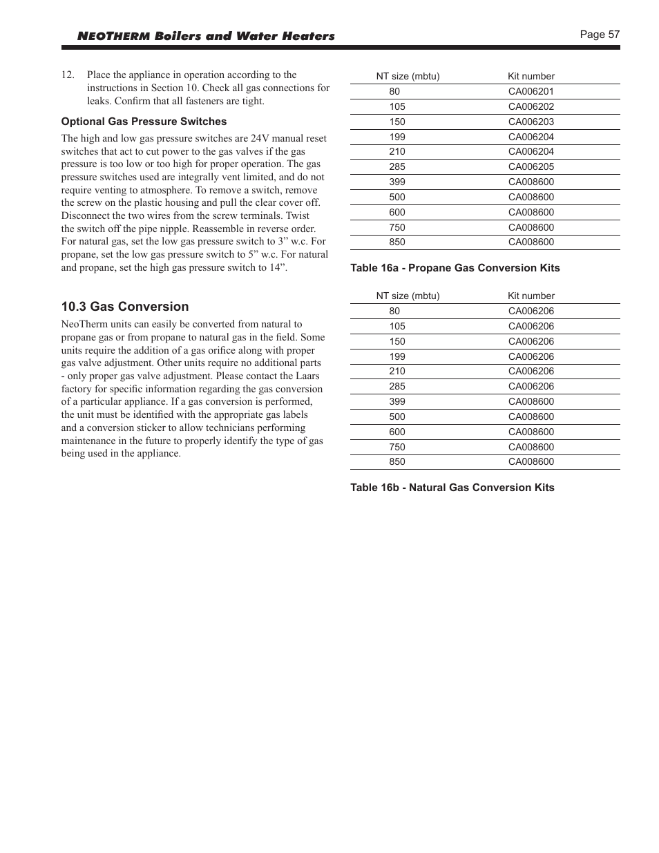 Tables - propane/nat gas conversion kits | LAARS NeoTherm NTV (Sizes 150–850 MBTU/h) - Install and Operating Manual User Manual | Page 61 / 92
