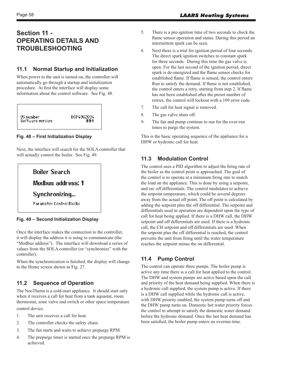 11 - operating details and troubleshooting, 1 normal startup and initialization, 2 sequence of operation | 3 modulation control, 4 pump control | LAARS NeoTherm NTV (Sizes 150–850 MBTU/h) - Install and Operating Manual User Manual | Page 62 / 92