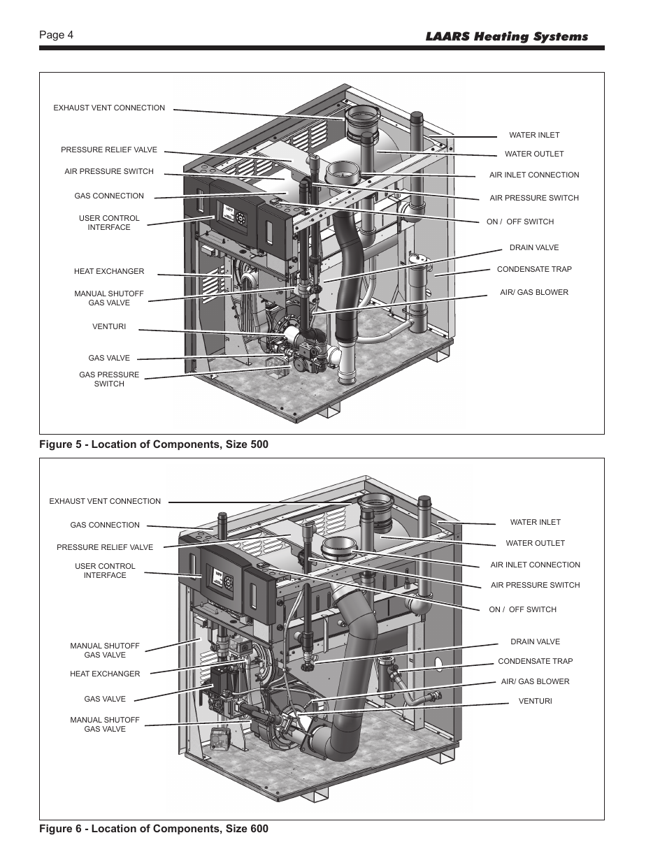 3 appliance overview, sizes 500 and 600, Laars heating systems, Page 4 | LAARS NeoTherm NTV (Sizes 150–850 MBTU/h) - Install and Operating Manual User Manual | Page 8 / 92