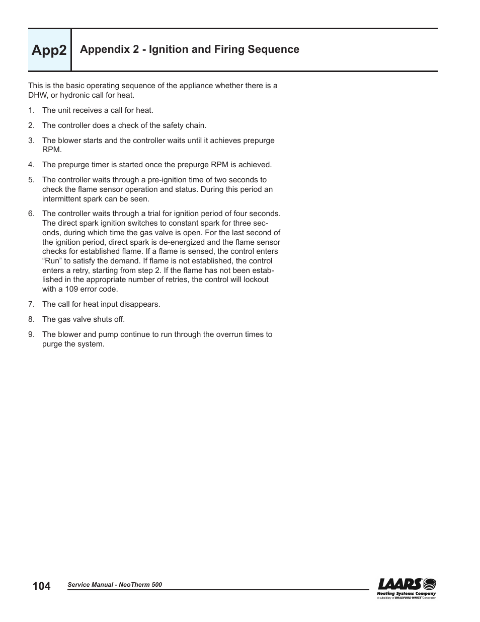 Appendix 2 - ignition and firing sequence, App2 ignition and firing sequence, App2 | LAARS NeoTherm NTV (Sizes 399-850 MBTU/h) - Service Manual User Manual | Page 114 / 118