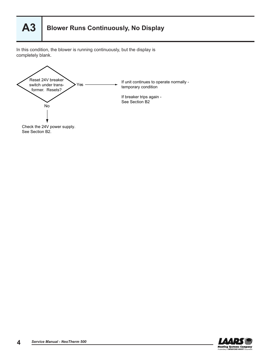 A3 - blower runs continuously, no display, Blower runs continuously, no display | LAARS NeoTherm NTV (Sizes 399-850 MBTU/h) - Service Manual User Manual | Page 14 / 118