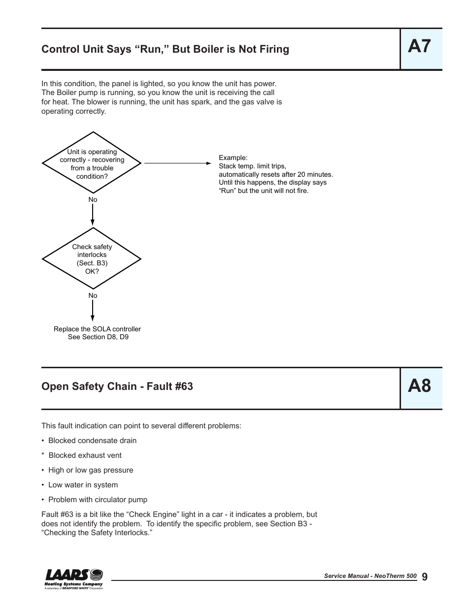 A8 - open safety chain - fault #63, Control unit says “run”, but boiler is not firing, Open safety chain - fault #63 | Control unit says “run” but boiler is not firing, A7 a8, Control unit says “run,” but boiler is not firing | LAARS NeoTherm NTV (Sizes 399-850 MBTU/h) - Service Manual User Manual | Page 19 / 118