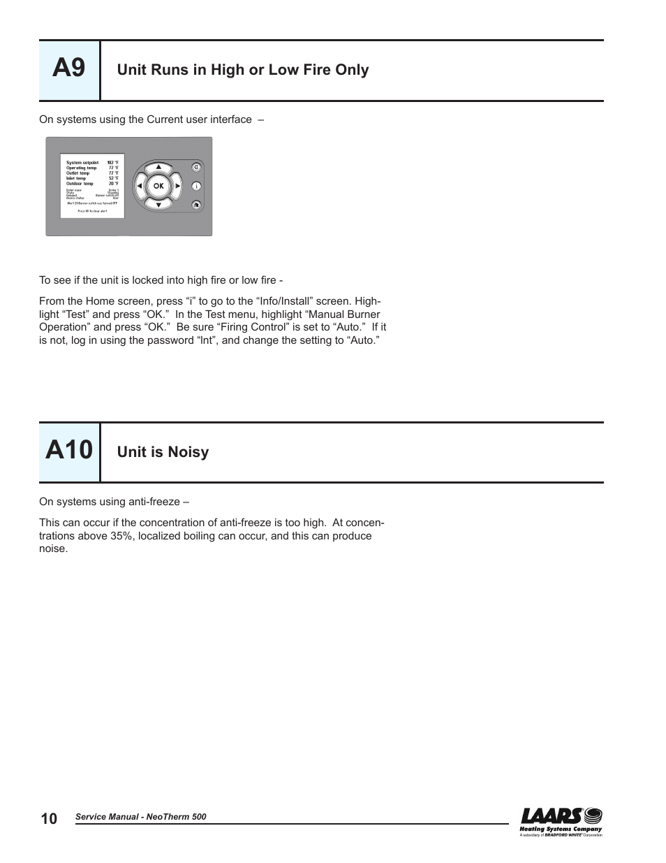 A9 - unit runs in high or low fire only, A10 - unit is noisy, Unit runs in high or low fire only | Unit with current user interface, Unit is noisy, Current user interface | LAARS NeoTherm NTV (Sizes 399-850 MBTU/h) - Service Manual User Manual | Page 20 / 118
