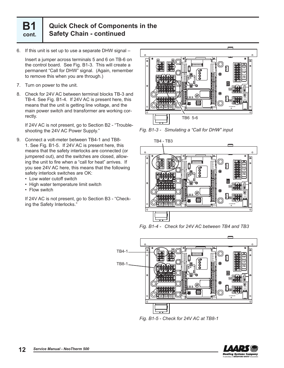 Cont, Fig. b1-3 - simulating a “call for dhw” input, Tb6 5-6 | Tb4 - tb3, Tb4-1 tb8-1, Service manual - neotherm 500 | LAARS NeoTherm NTV (Sizes 399-850 MBTU/h) - Service Manual User Manual | Page 22 / 118