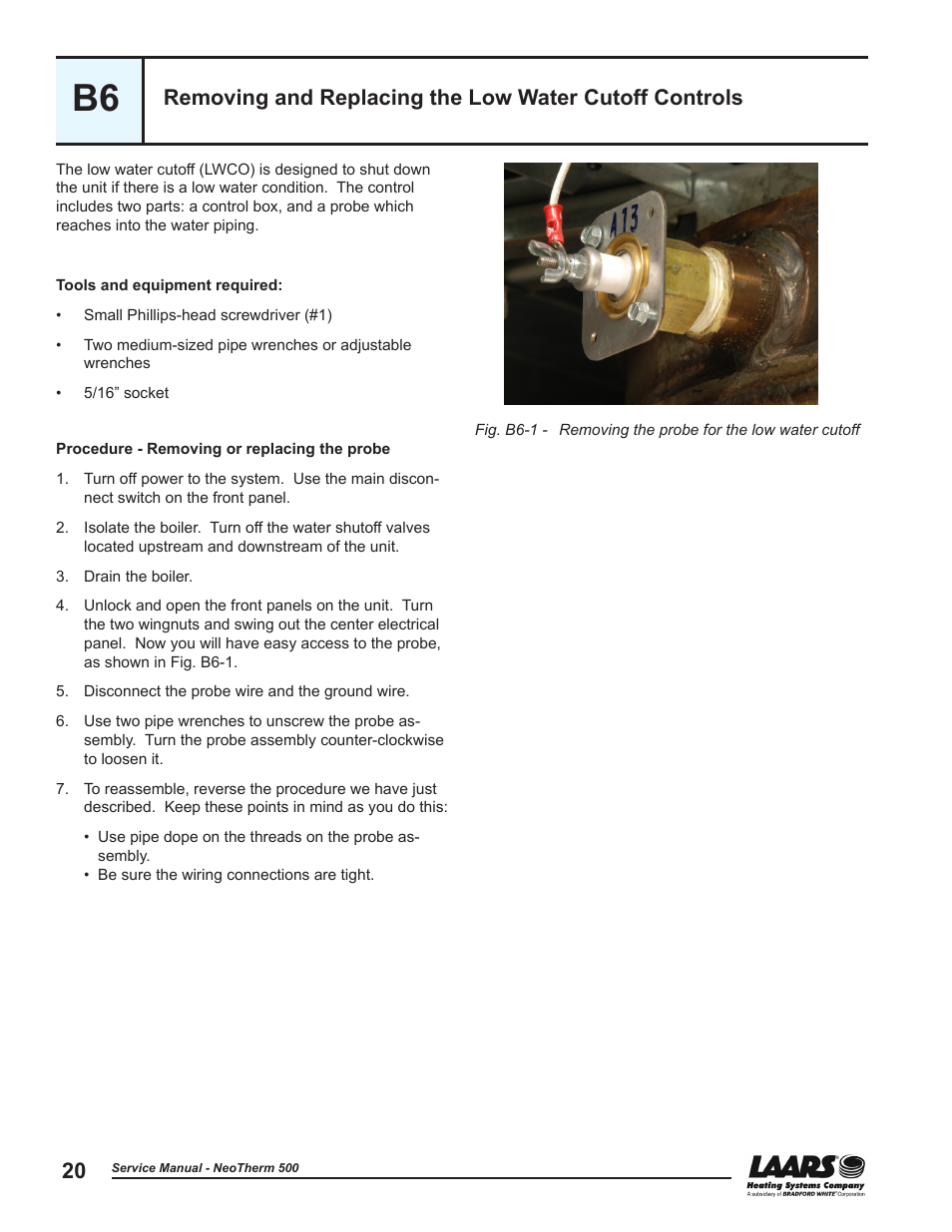 Removing and replacing the, Low water cutoff switch | LAARS NeoTherm NTV (Sizes 399-850 MBTU/h) - Service Manual User Manual | Page 30 / 118