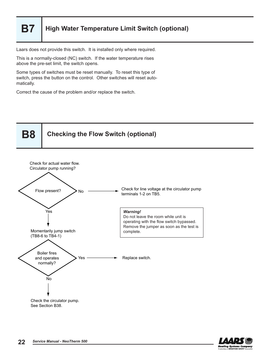B7 - high water temperature limit switch, B8 - checking the flow switch, High water temperature limit switch | Checking the flow switch, See procedure b8, B7 b8, High water temperature limit switch (optional), Checking the flow switch (optional) | LAARS NeoTherm NTV (Sizes 399-850 MBTU/h) - Service Manual User Manual | Page 32 / 118