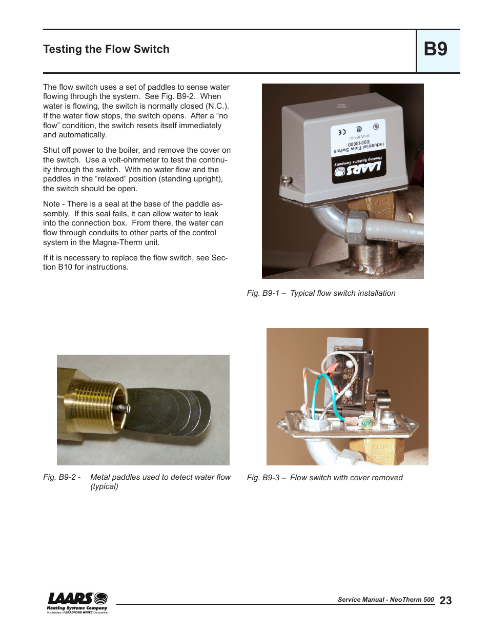 B9 - testing the flow switch, Testing the flow switch | LAARS NeoTherm NTV (Sizes 399-850 MBTU/h) - Service Manual User Manual | Page 33 / 118