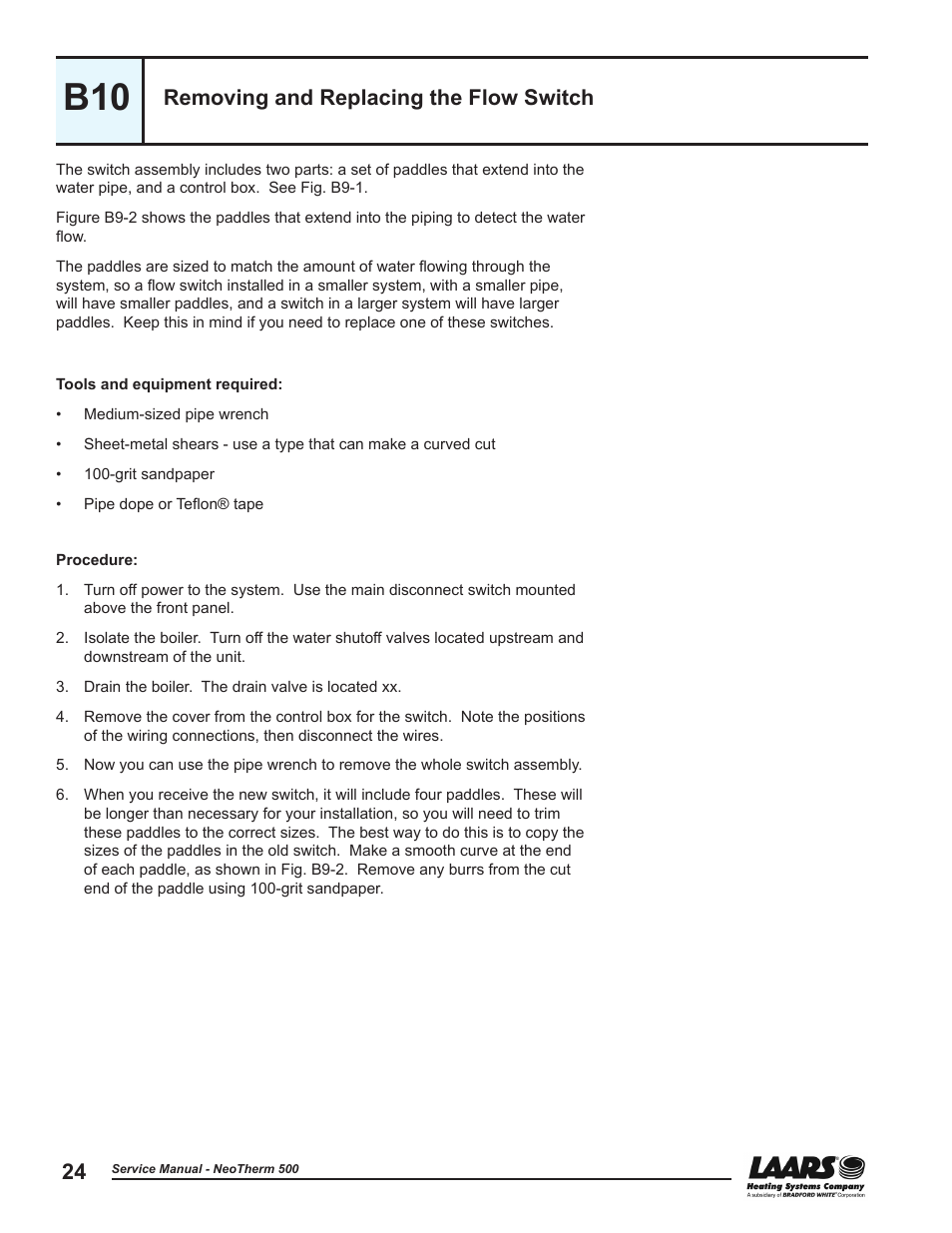 B10 - removing and replacing the flow switch, Removing and replacing the flow switch | LAARS NeoTherm NTV (Sizes 399-850 MBTU/h) - Service Manual User Manual | Page 34 / 118