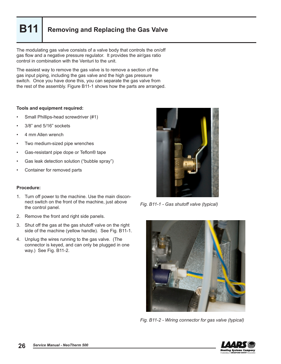 B11 - removing and replacing the gas valve, Removing and replacing the gas valve | LAARS NeoTherm NTV (Sizes 399-850 MBTU/h) - Service Manual User Manual | Page 36 / 118