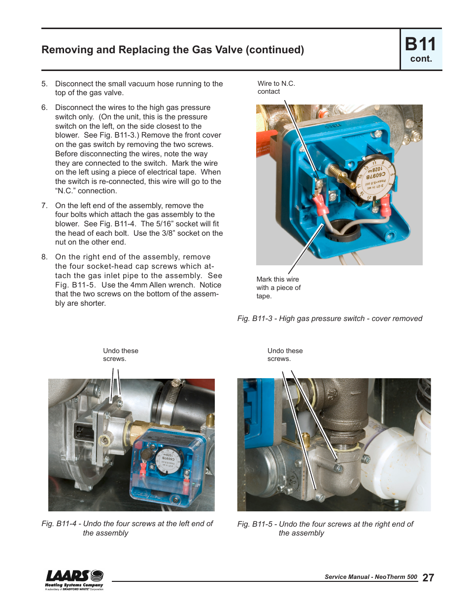 Removing and replacing the gas valve (continued) | LAARS NeoTherm NTV (Sizes 399-850 MBTU/h) - Service Manual User Manual | Page 37 / 118