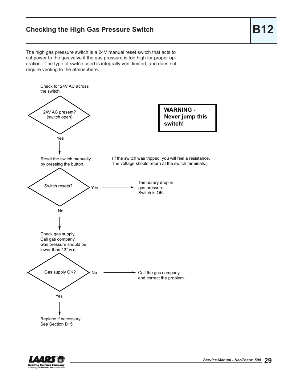 B12 - checking the high gas pressure switch, Checking the high gas pressure switch, Section b12 - high gas pressure switch | LAARS NeoTherm NTV (Sizes 399-850 MBTU/h) - Service Manual User Manual | Page 39 / 118