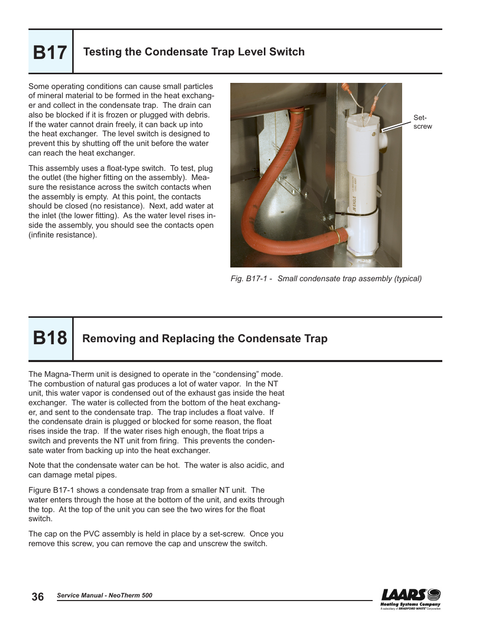 B17 - testing the condensate trap level switch, B18 - removing and replacing the condensate trap, Testing the condensate trap level switch | Removing and replacing the condensate trap, Test switch. see section b17, See section b18 | LAARS NeoTherm NTV (Sizes 399-850 MBTU/h) - Service Manual User Manual | Page 46 / 118