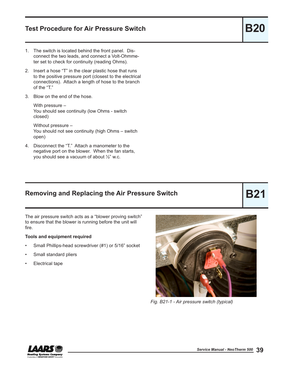 B20 - test procedure for air pressure switch, Test procedure for air pressure switch, Removing and replacing the air pressure switch | Test the air pressure switch, See section b20.) | LAARS NeoTherm NTV (Sizes 399-850 MBTU/h) - Service Manual User Manual | Page 49 / 118