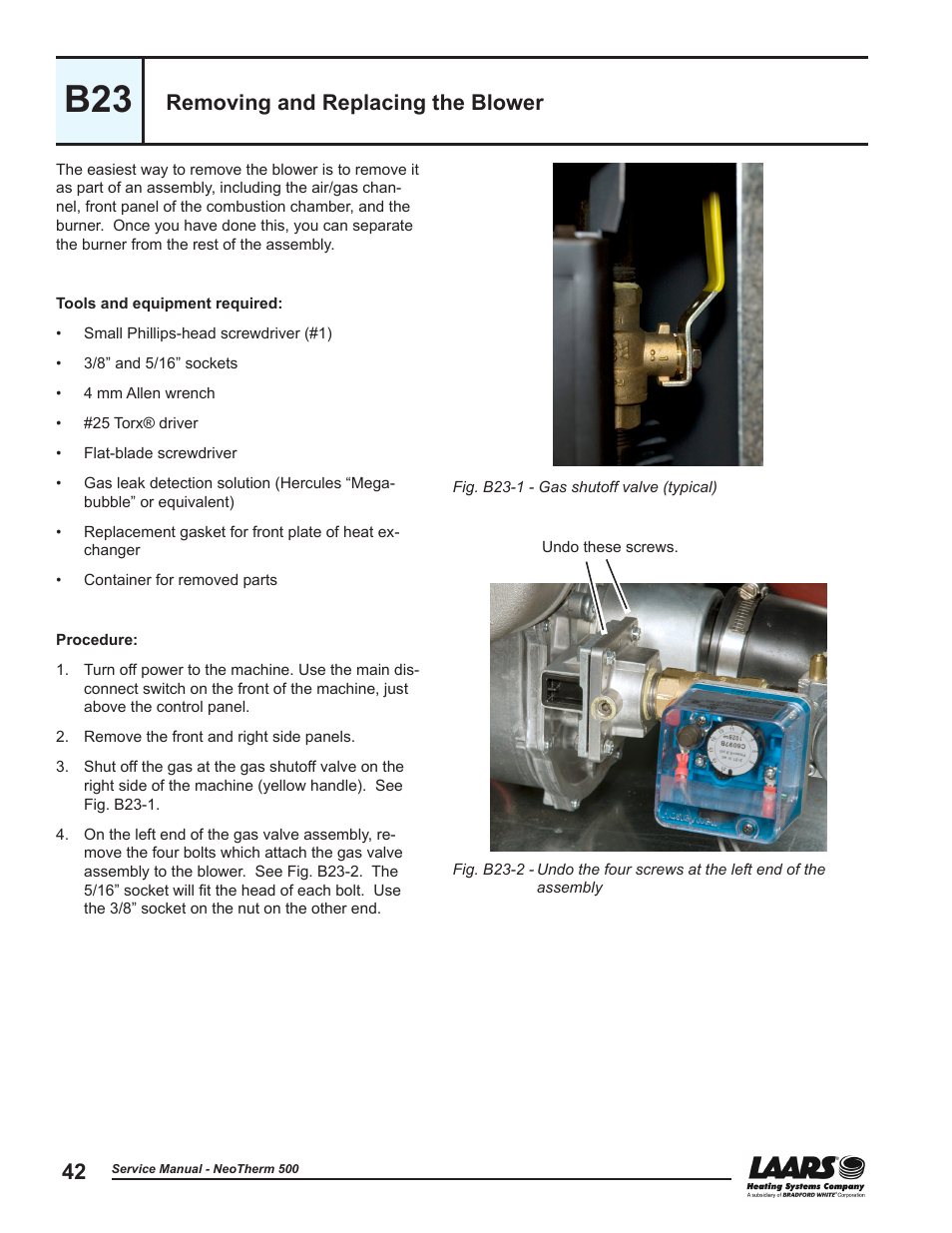 B23 - removing and replacing the blower, Removing and replacing the blower, Bad blower. replace the blower | See section b23 | LAARS NeoTherm NTV (Sizes 399-850 MBTU/h) - Service Manual User Manual | Page 52 / 118