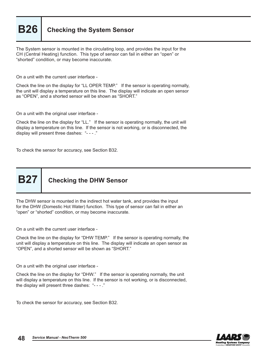 B26 - checking the system sensor, B27 - checking the dhw sensor, Checking the system sensor | Checking the dhw sensor, System sensor - section b26, Dhw sensor - section b27 | LAARS NeoTherm NTV (Sizes 399-850 MBTU/h) - Service Manual User Manual | Page 58 / 118