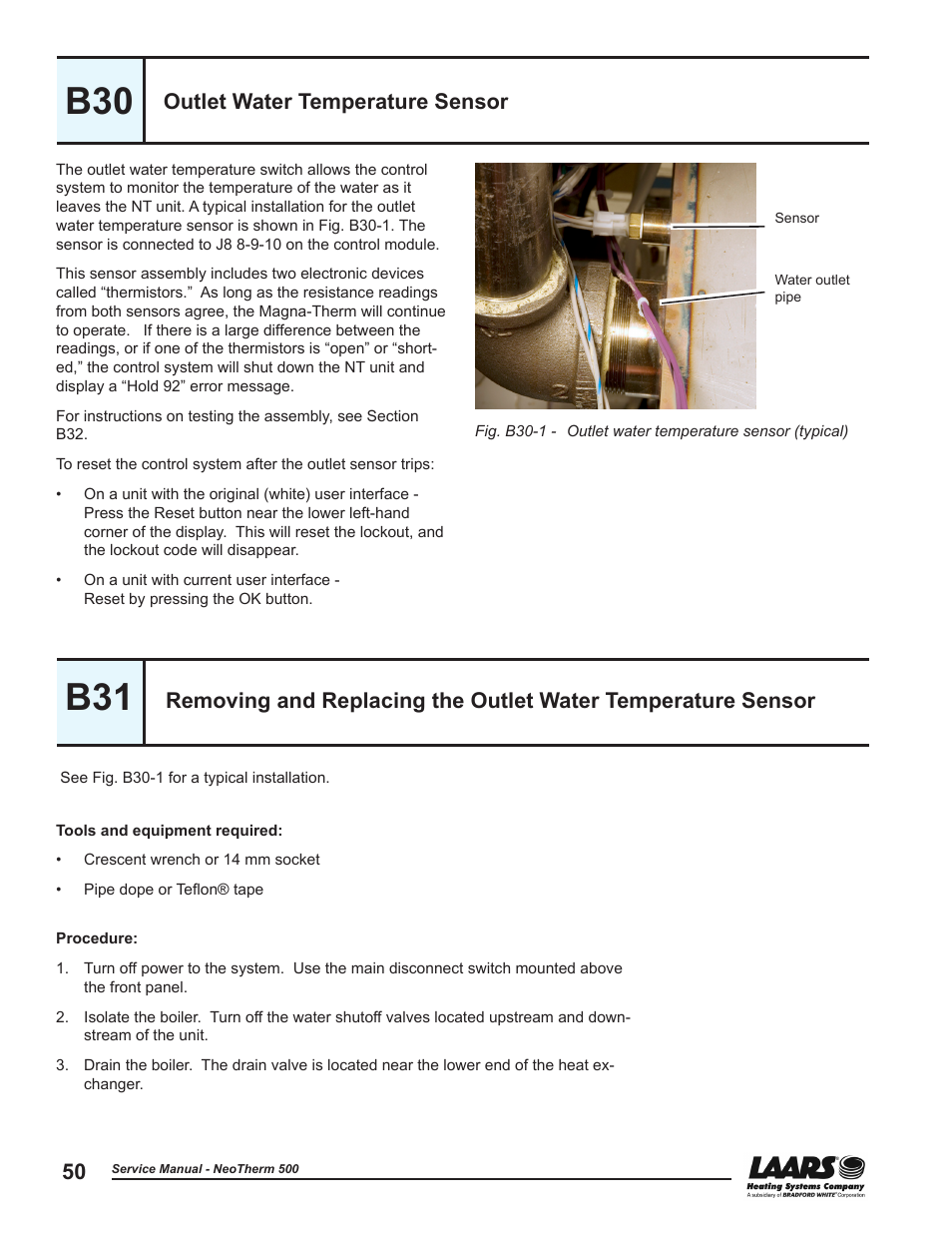 B30 - outlet water temperature sensor, Outlet water temperature sensor, Removing and replacing the | LAARS NeoTherm NTV (Sizes 399-850 MBTU/h) - Service Manual User Manual | Page 60 / 118