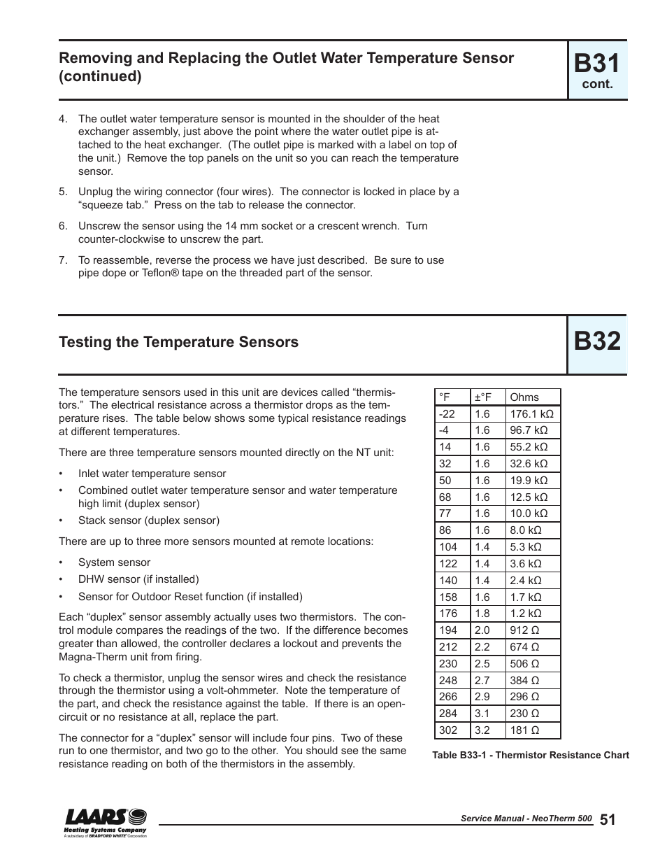 B32 - testing the temperature sensors, Testing the temperature sensors, If the blower is running, and the unit does not | Fire, go to section b32 - “testing the temperature, Sensors | LAARS NeoTherm NTV (Sizes 399-850 MBTU/h) - Service Manual User Manual | Page 61 / 118