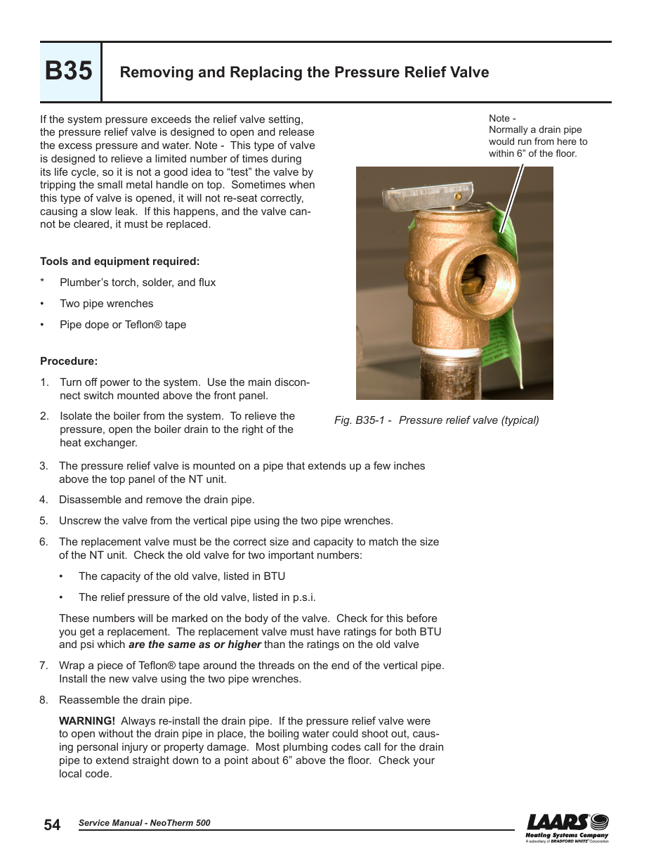 Removing and replacing the pressure relief valve | LAARS NeoTherm NTV (Sizes 399-850 MBTU/h) - Service Manual User Manual | Page 64 / 118