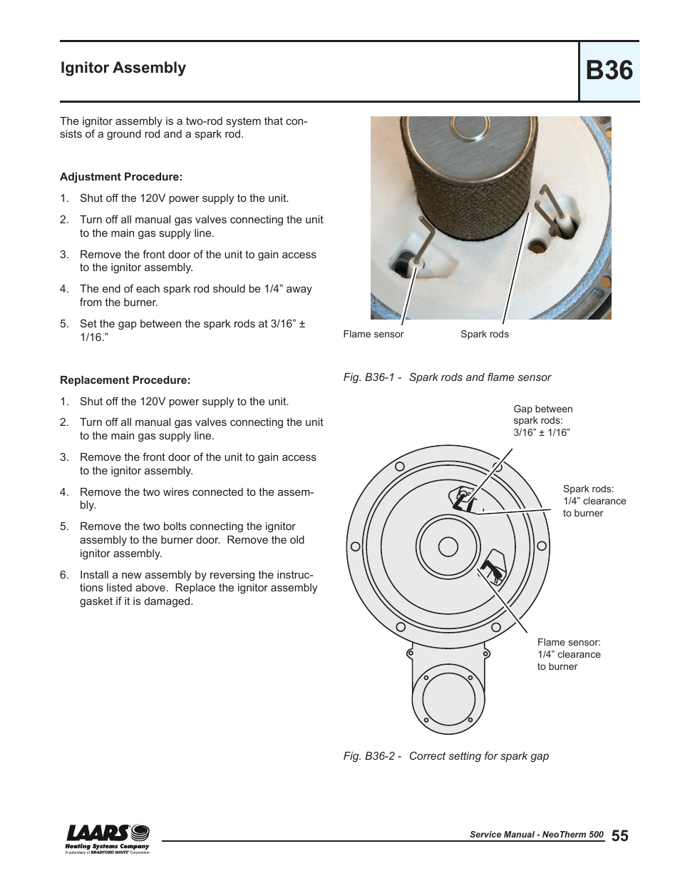 B36 - ignitor assembly, Ignitor assembly | LAARS NeoTherm NTV (Sizes 399-850 MBTU/h) - Service Manual User Manual | Page 65 / 118