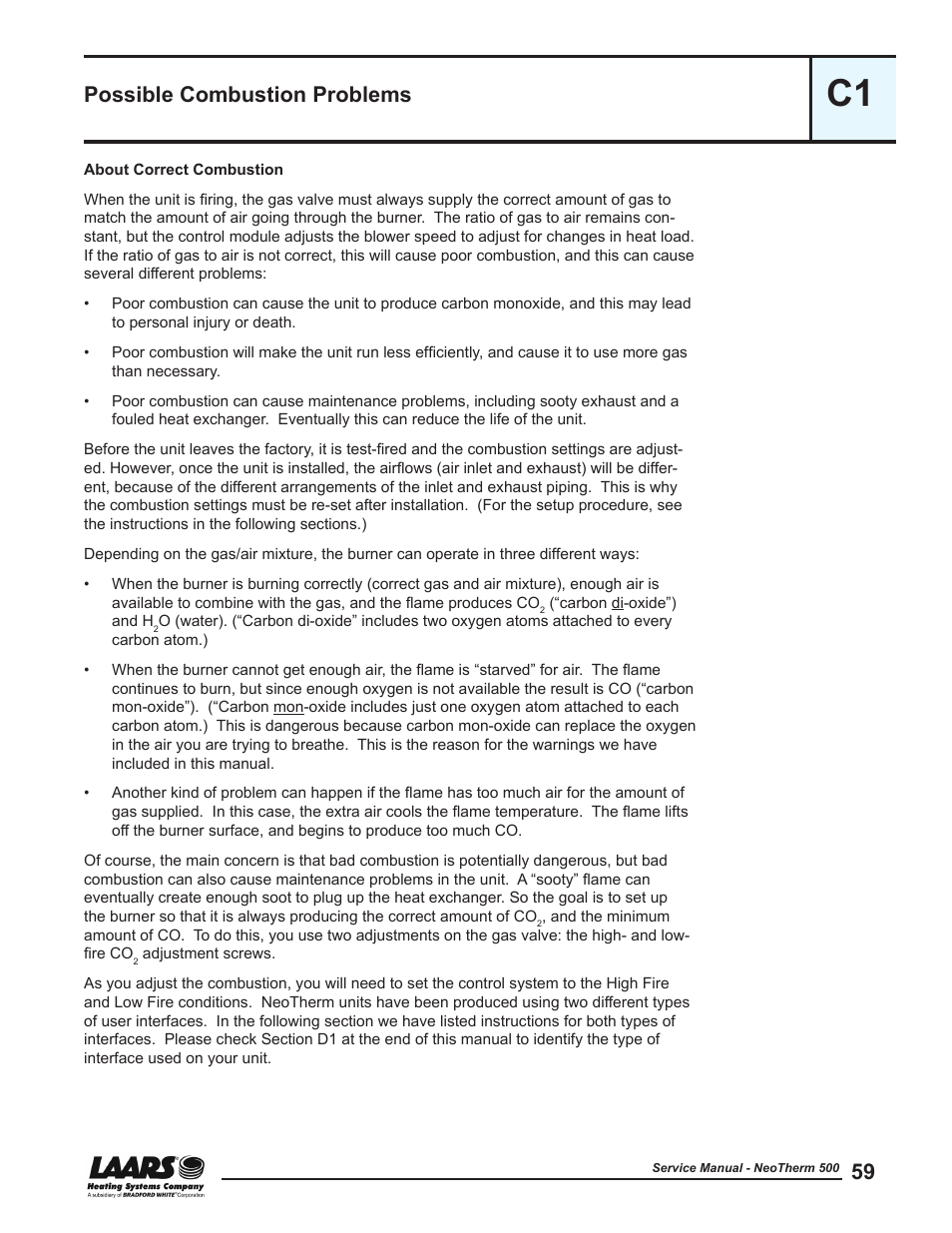 C1 - possible combustion problems, About correct combustion, Possible combustion problems | LAARS NeoTherm NTV (Sizes 399-850 MBTU/h) - Service Manual User Manual | Page 69 / 118