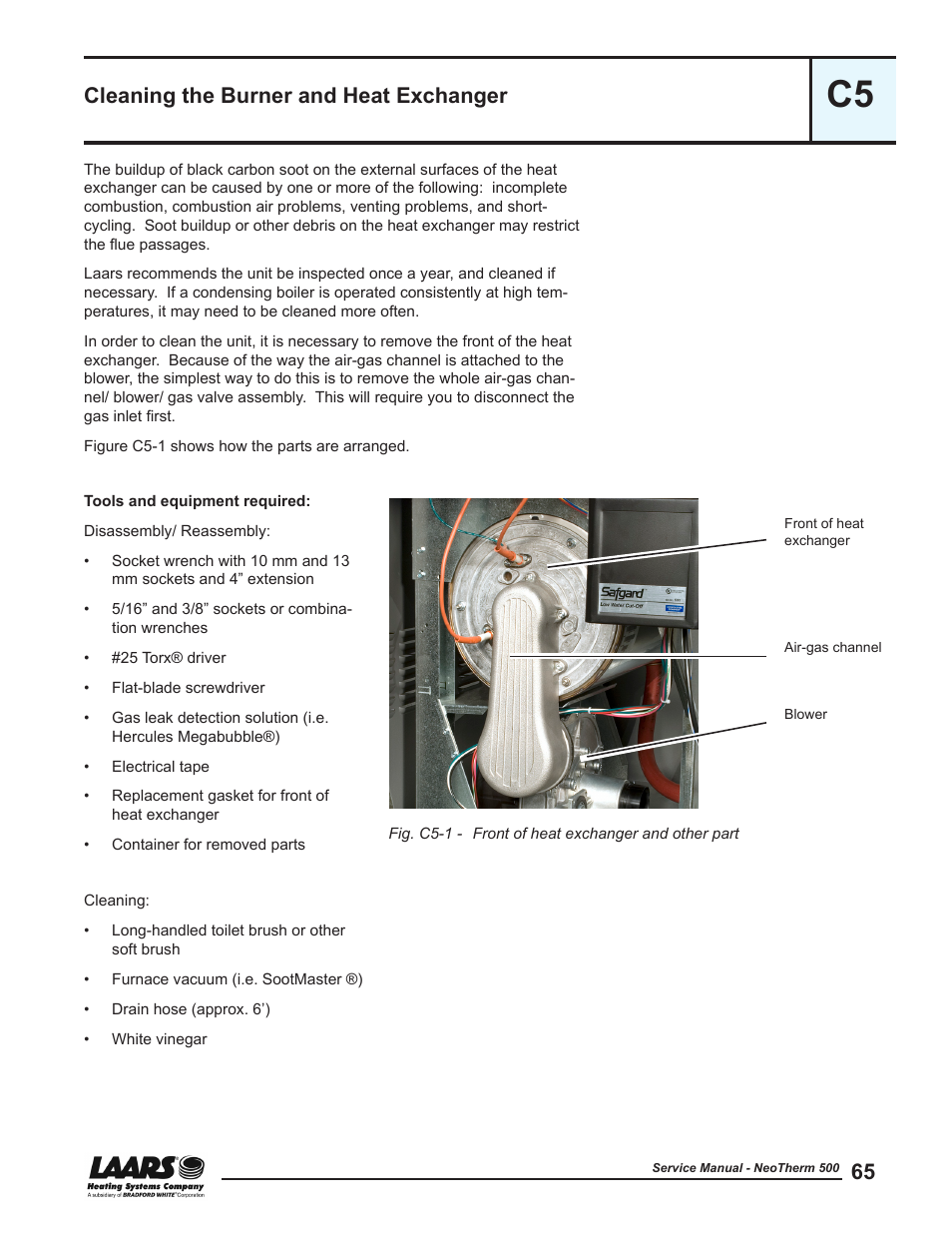 C5 - cleaning the burner and heat exchanger, Cleaning the burner and heat exchanger, Clean the heat | Exchanger, See section c5 | LAARS NeoTherm NTV (Sizes 399-850 MBTU/h) - Service Manual User Manual | Page 75 / 118