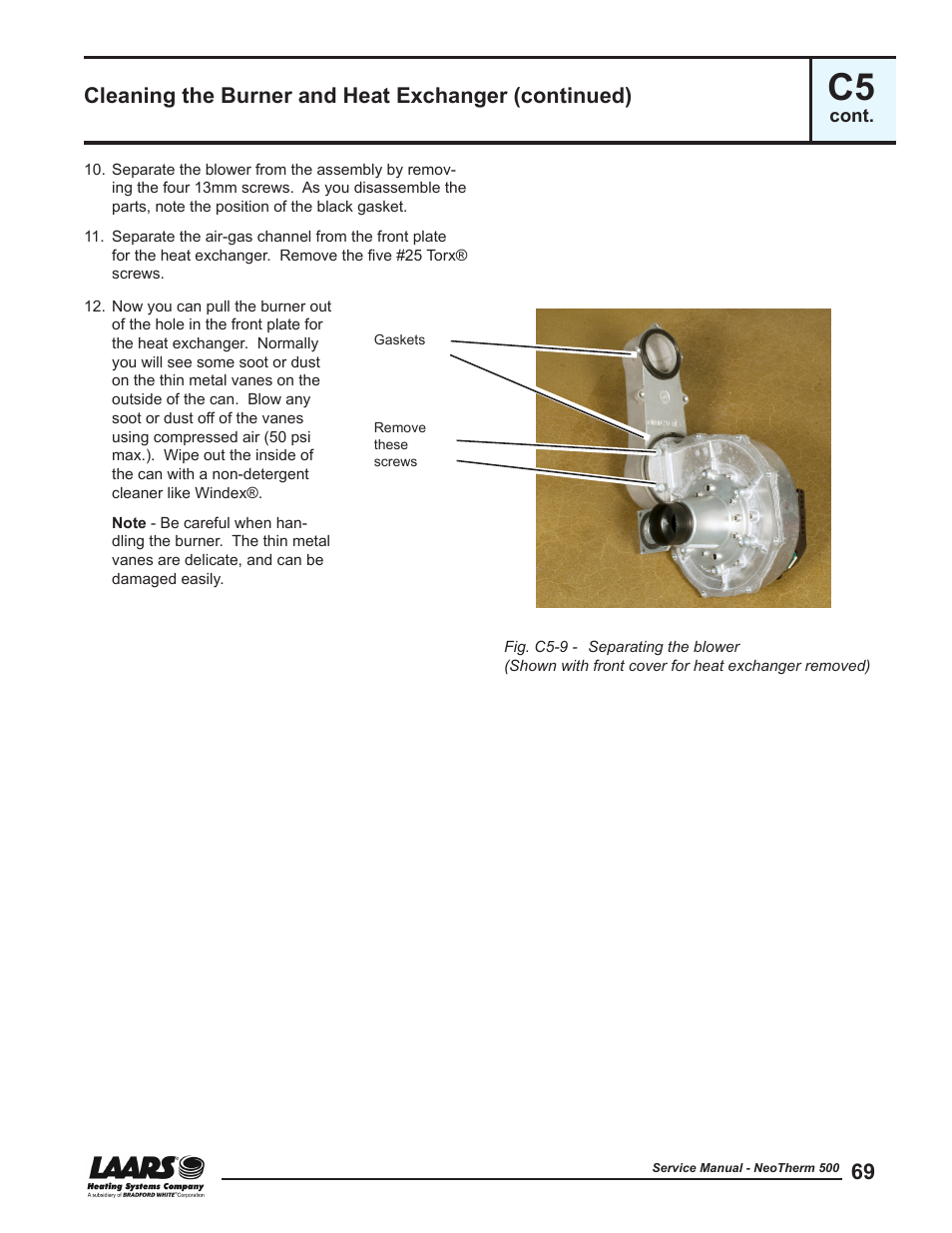 Cleaning the burner and heat exchanger (continued) | LAARS NeoTherm NTV (Sizes 399-850 MBTU/h) - Service Manual User Manual | Page 79 / 118