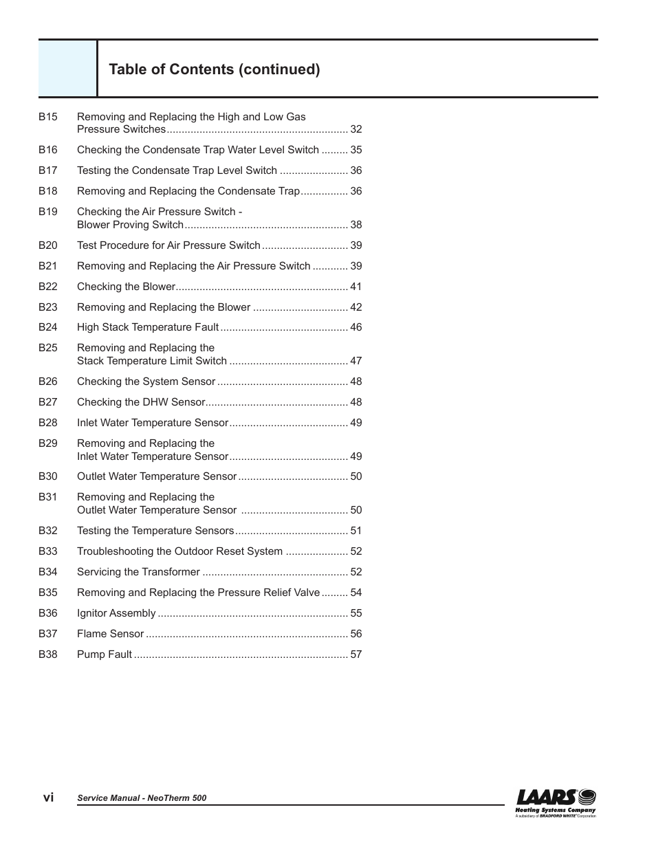 Table of contents (continued) | LAARS NeoTherm NTV (Sizes 399-850 MBTU/h) - Service Manual User Manual | Page 8 / 118