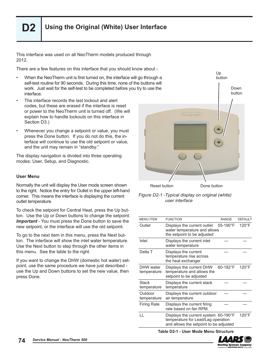 D2 - using the original user interface, Using the original (white) user interface | LAARS NeoTherm NTV (Sizes 399-850 MBTU/h) - Service Manual User Manual | Page 84 / 118