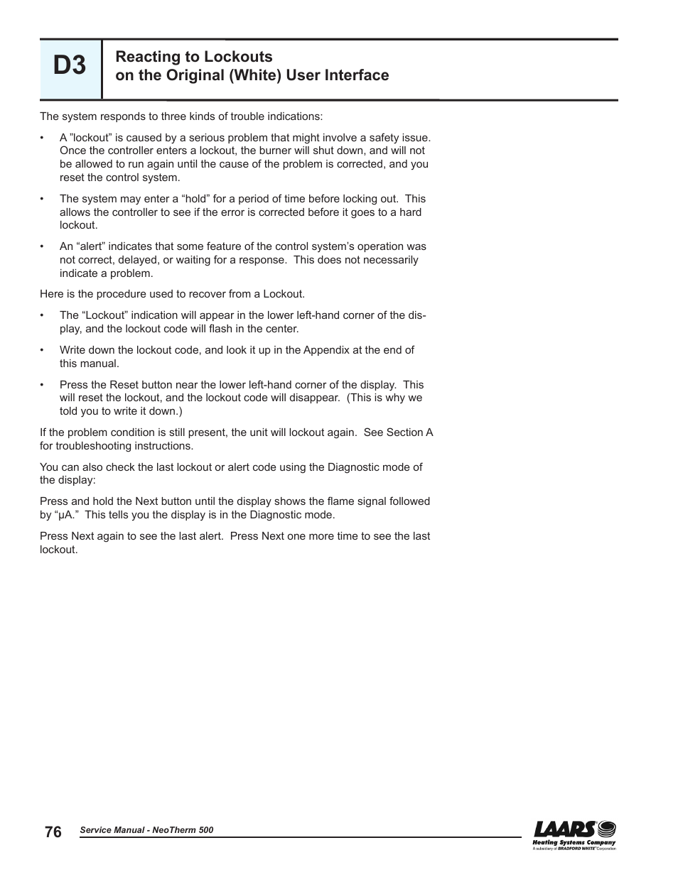 Reacting to lockouts on the original (white), User interface | LAARS NeoTherm NTV (Sizes 399-850 MBTU/h) - Service Manual User Manual | Page 86 / 118
