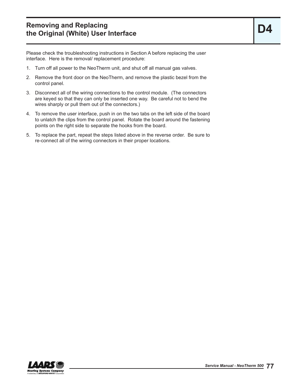 Removing and replacing the original (white), User interface | LAARS NeoTherm NTV (Sizes 399-850 MBTU/h) - Service Manual User Manual | Page 87 / 118