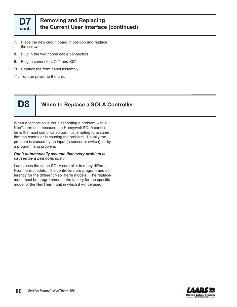 D8 - when to replace a sola controller, When to replace a sola controller, Replace the sola controller | See section d8, d9 | LAARS NeoTherm NTV (Sizes 399-850 MBTU/h) - Service Manual User Manual | Page 96 / 118