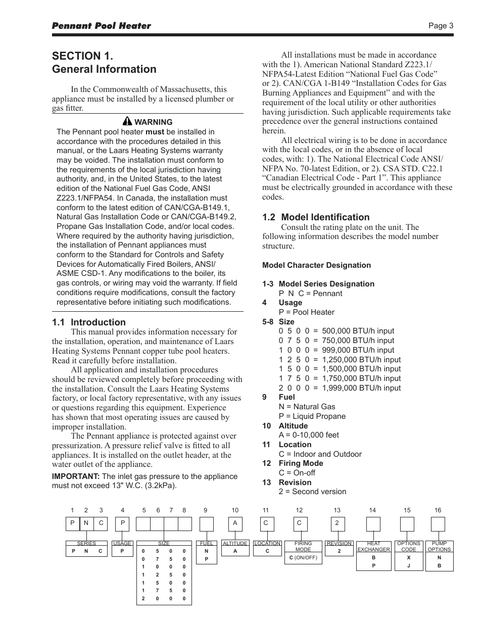 1 introduction, 2 model identification | LAARS Pennant PNCP - Install and Operating Manual User Manual | Page 3 / 40