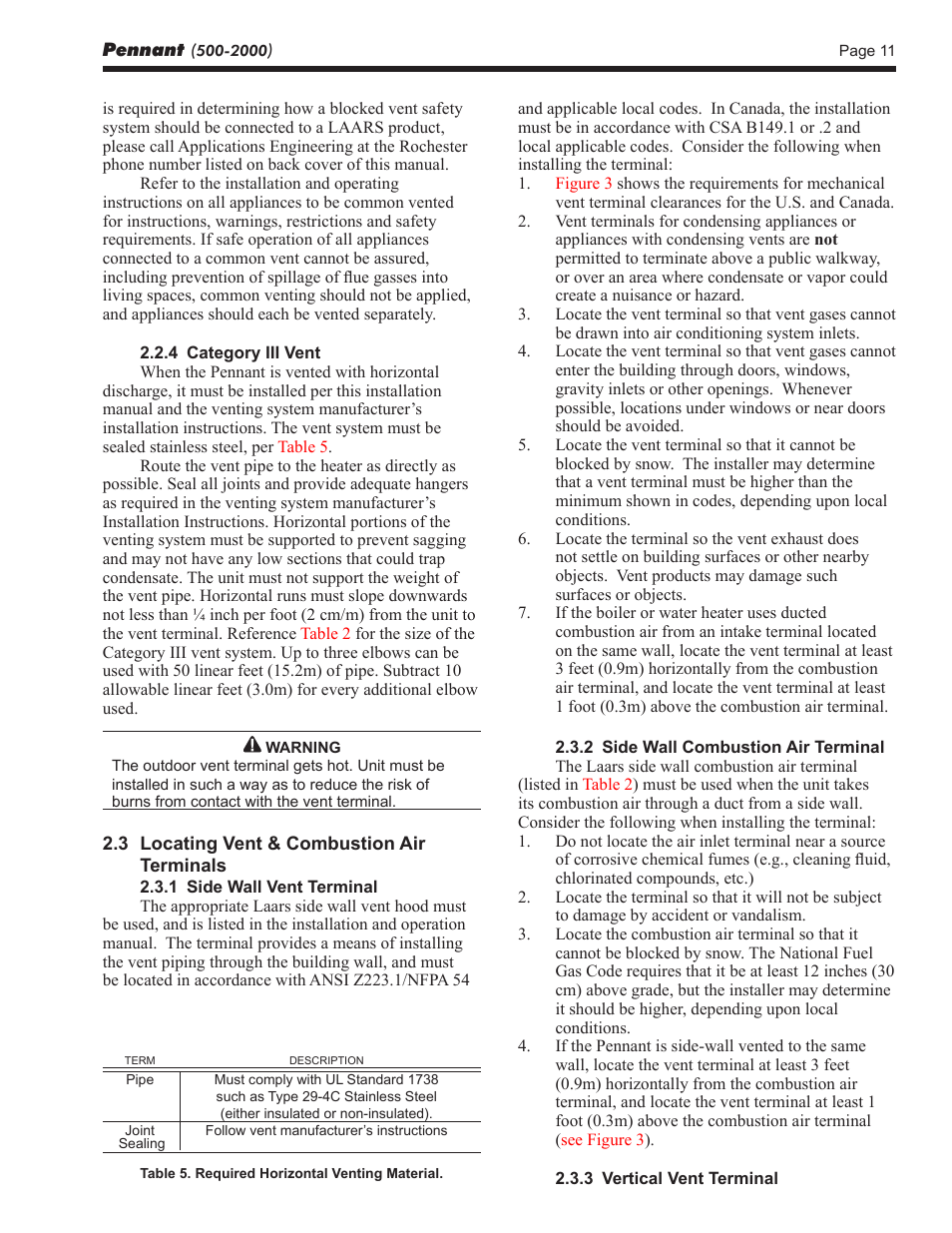 LAARS Pennant PNCV (Sizes 500-2000) - Install and Operating Manual User Manual | Page 11 / 64