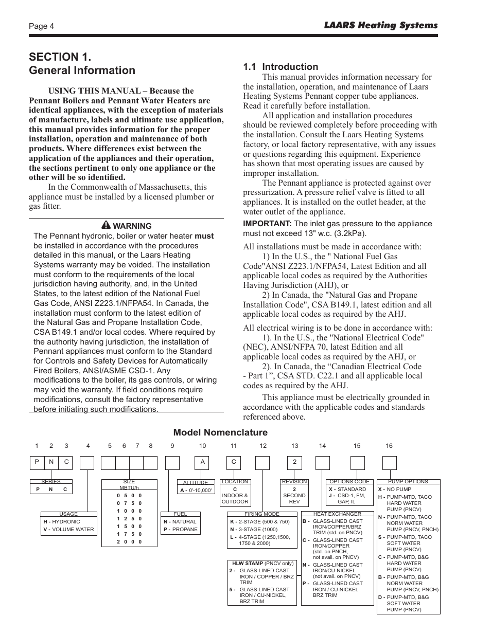 1 introduction, Laars heating systems | LAARS Pennant PNCV (Sizes 500-2000) - Install and Operating Manual User Manual | Page 4 / 64