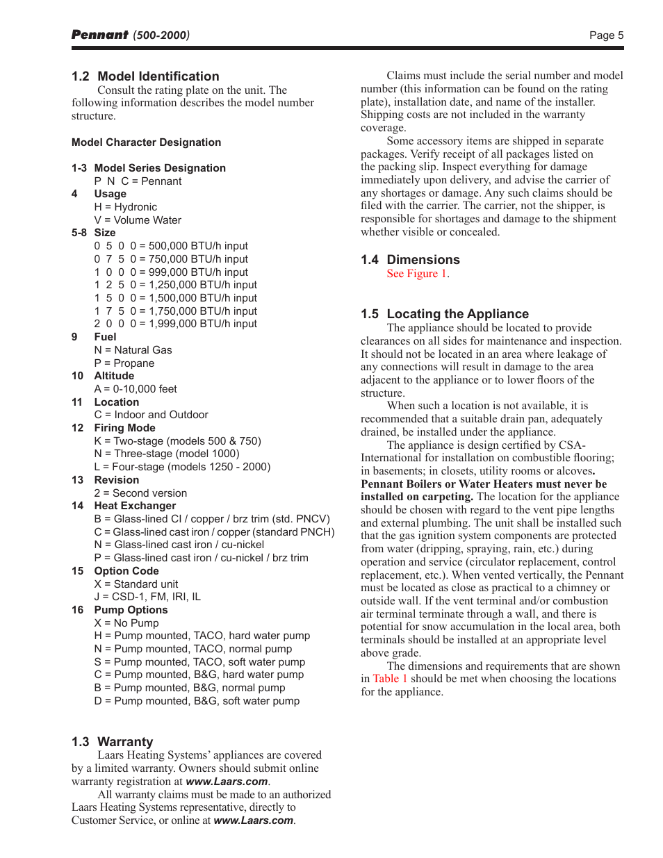 LAARS Pennant PNCV (Sizes 500-2000) - Install and Operating Manual User Manual | Page 5 / 64