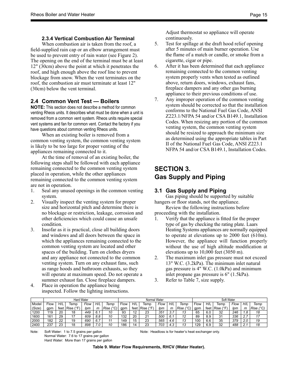 4 common vent test — boilers, 1 gas supply and piping | LAARS Rheos RHCV - Install and Operating Manual User Manual | Page 15 / 60