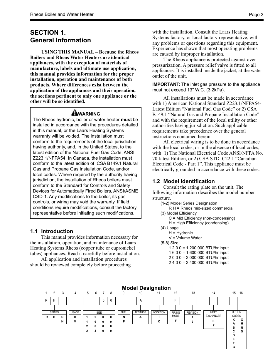 1 introduction, 2 model identification, Model designation | LAARS Rheos RHCV - Install and Operating Manual User Manual | Page 3 / 60