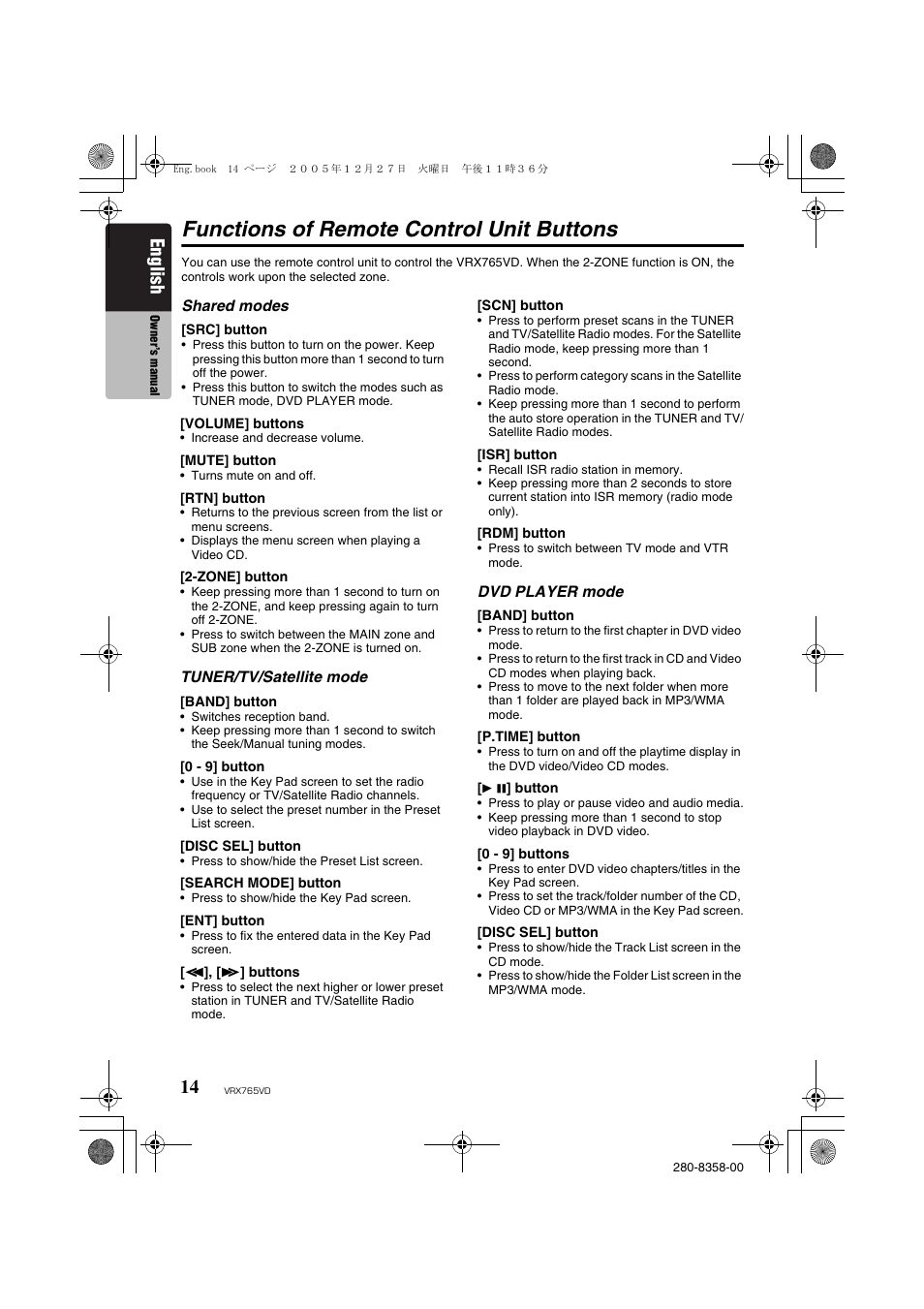Functions of remote control unit buttons, English | Clarion VRX765VD User Manual | Page 12 / 75
