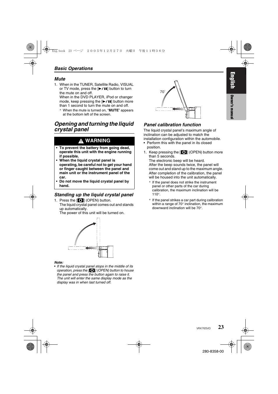 Opening and turning the liquid crystal panel, English, Warning | Clarion VRX765VD User Manual | Page 21 / 75