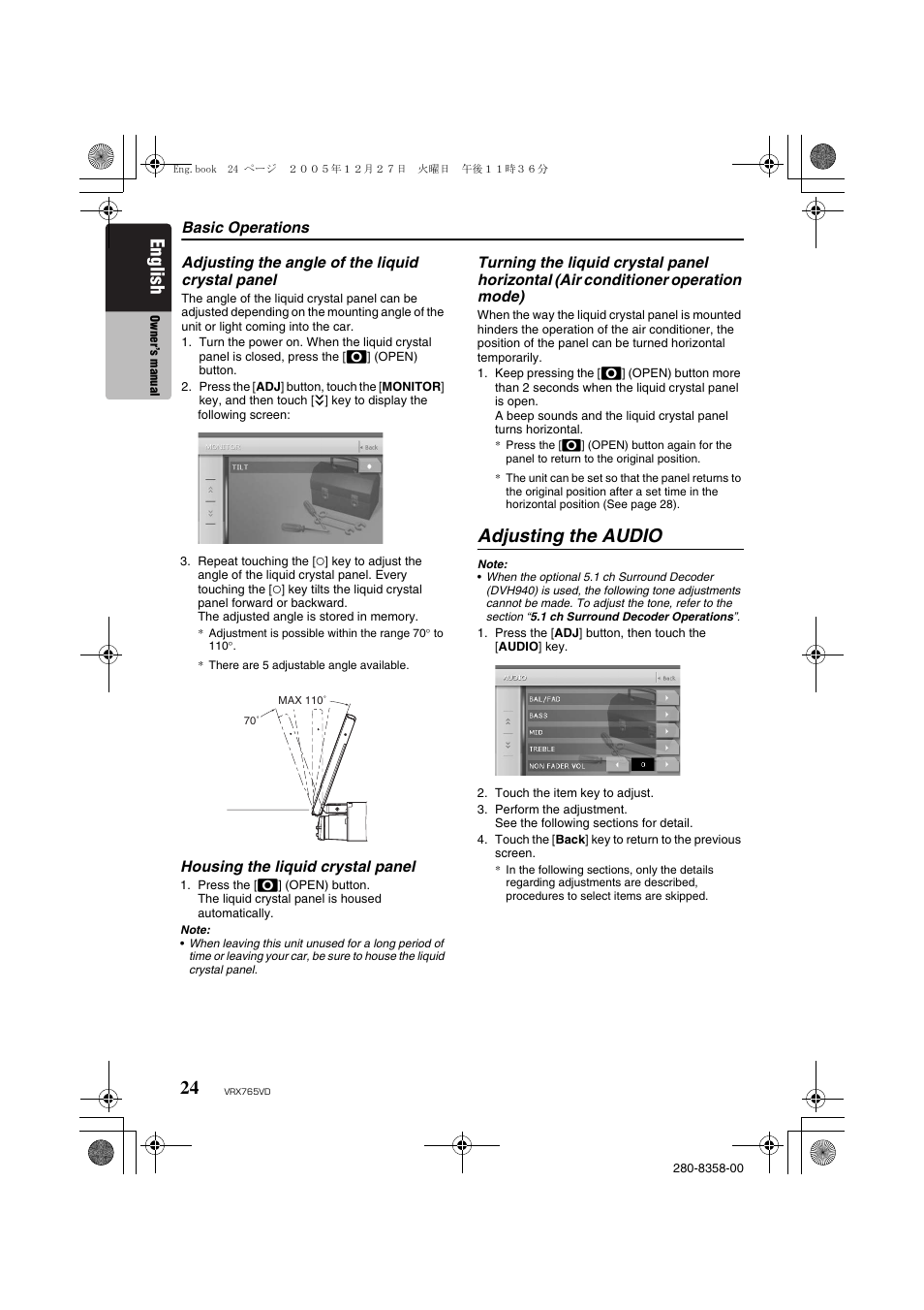 Adjusting the audio, English | Clarion VRX765VD User Manual | Page 22 / 75