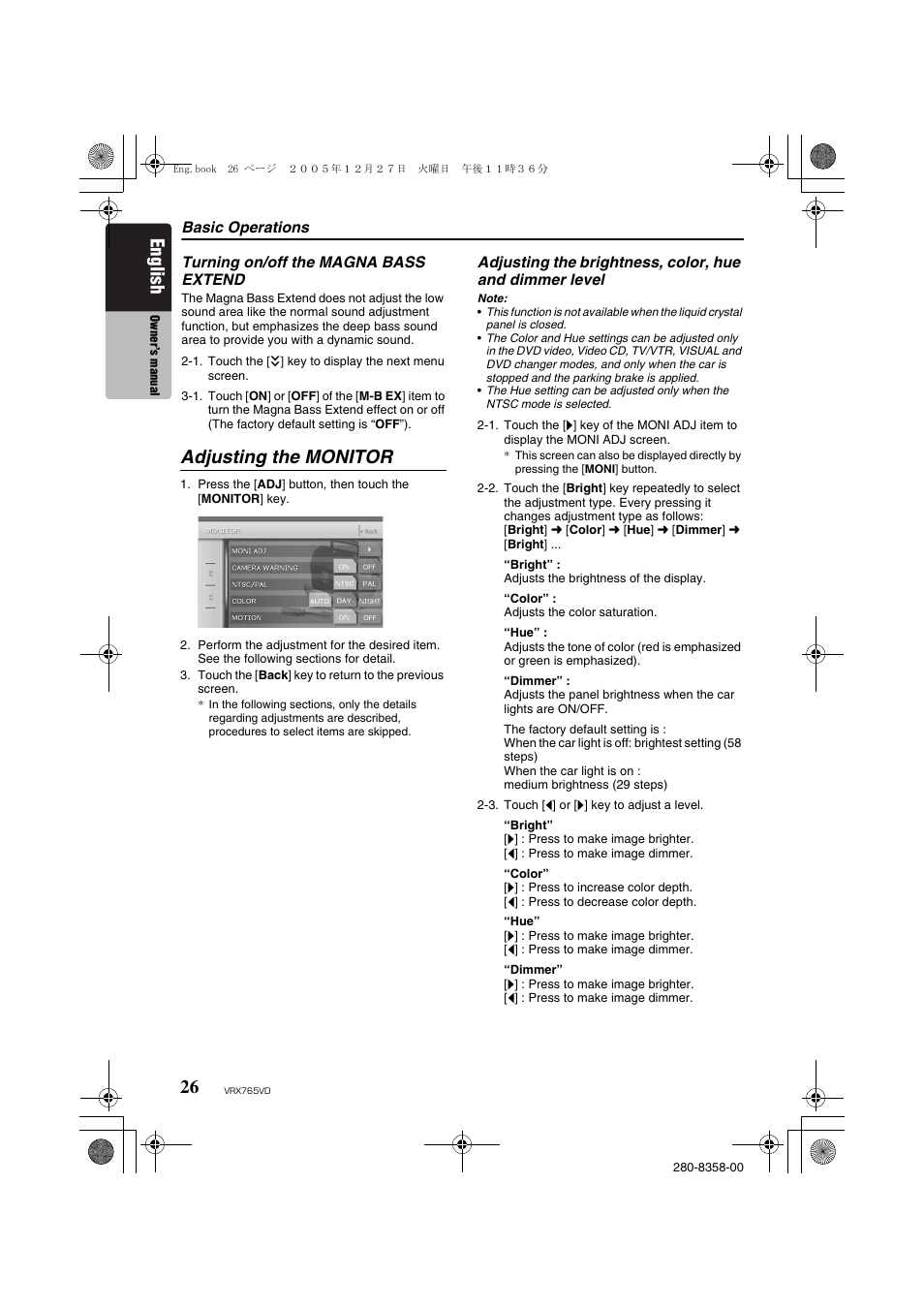 Adjusting the monitor, English | Clarion VRX765VD User Manual | Page 24 / 75