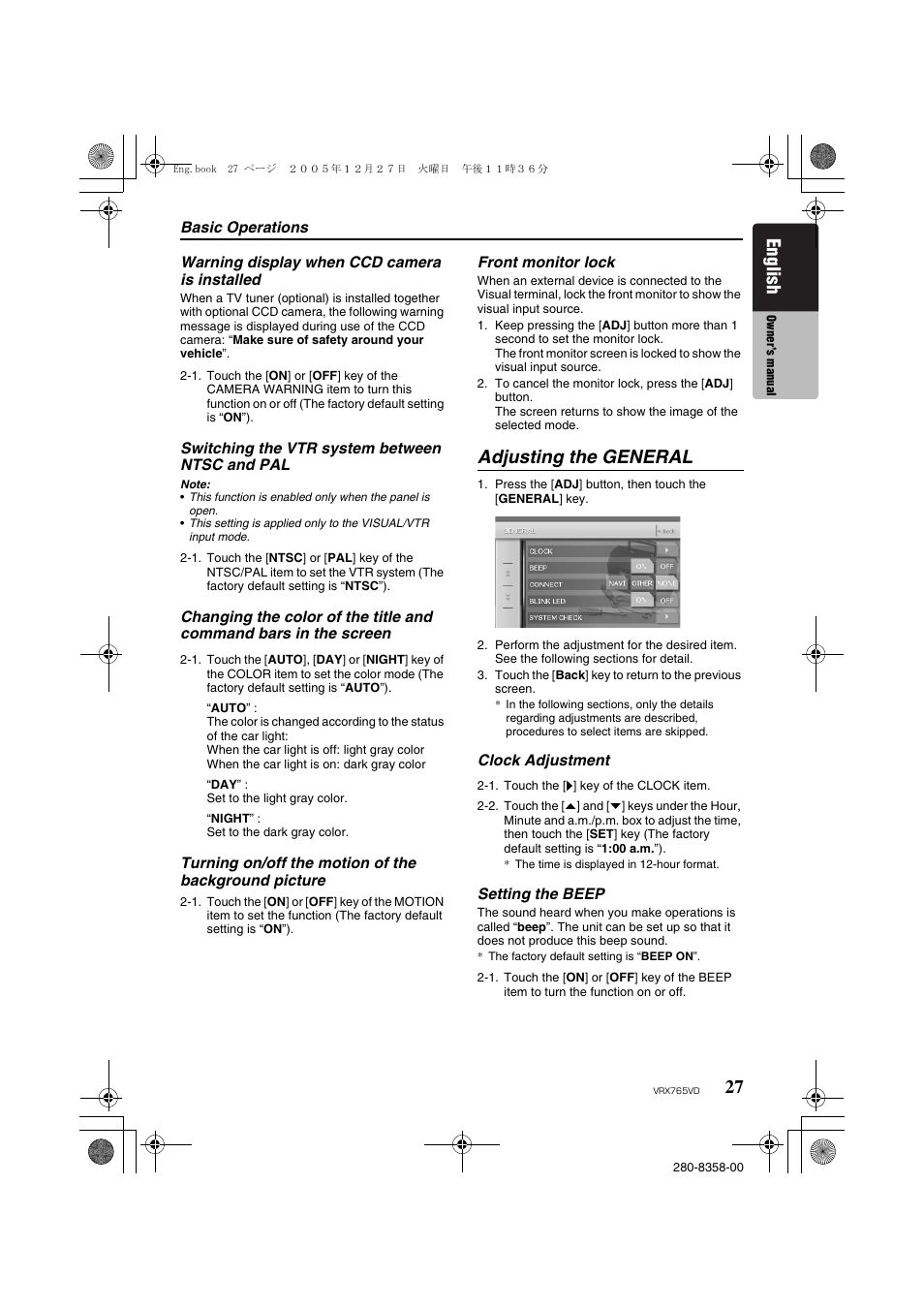 Adjusting the general, English | Clarion VRX765VD User Manual | Page 25 / 75