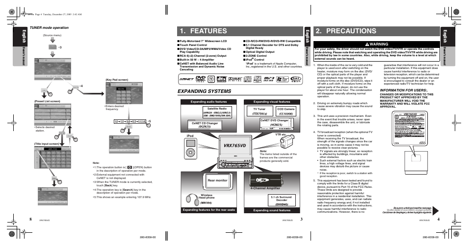 Features, Expanding systems, Precautions | English, Warning | Clarion VRX765VD User Manual | Page 3 / 75