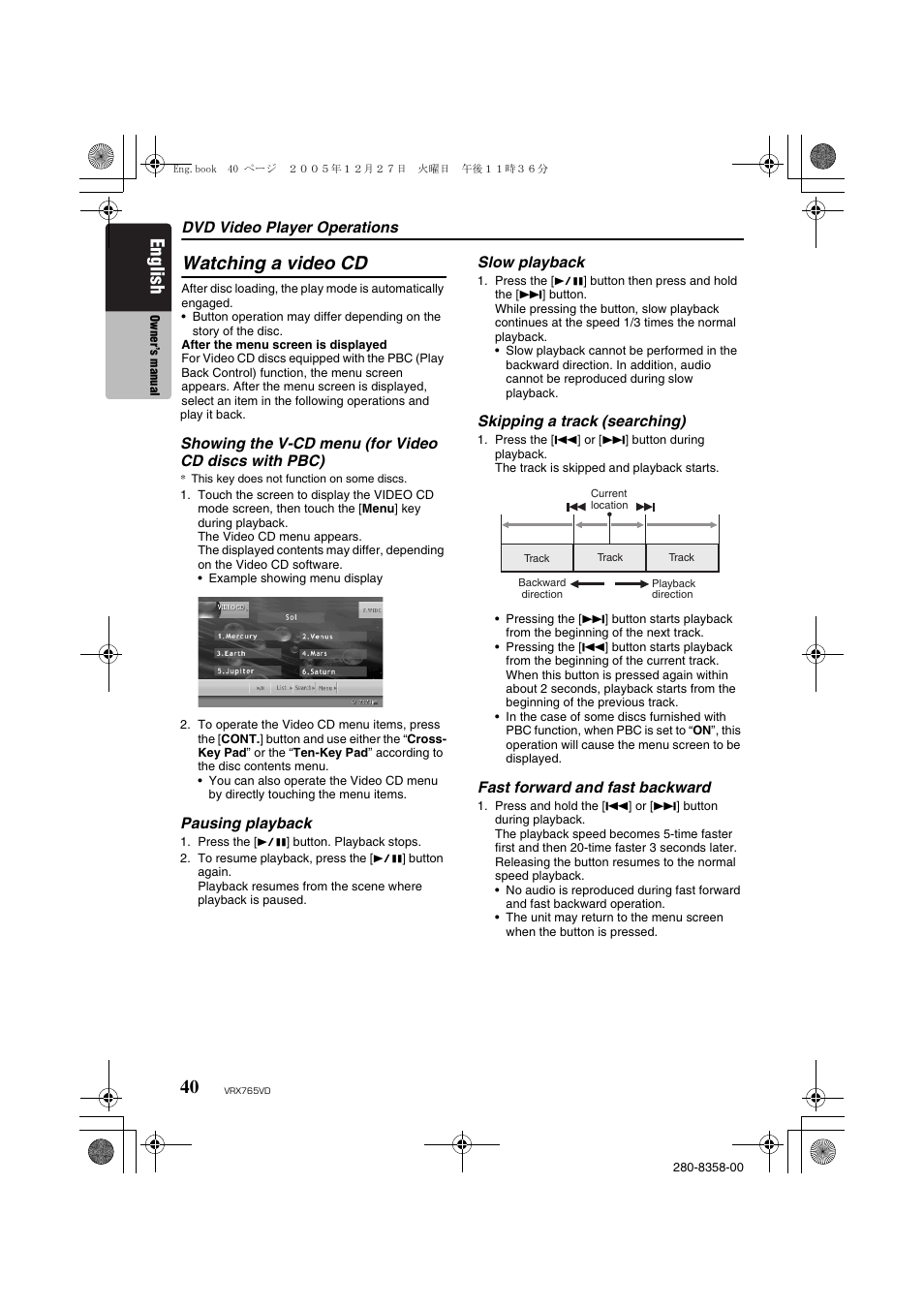 Watching a video cd, English | Clarion VRX765VD User Manual | Page 38 / 75